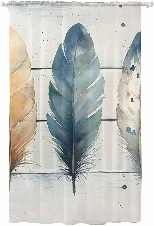 Sheer Curtains 84 Inches Long, Boho Blue Feathers Semi Sheer Curtains Light Filtering Window Treatment, Country Vintage Wooden Grain Privacy Voile Drapes for Living Room Bedroom 52x84 Inch