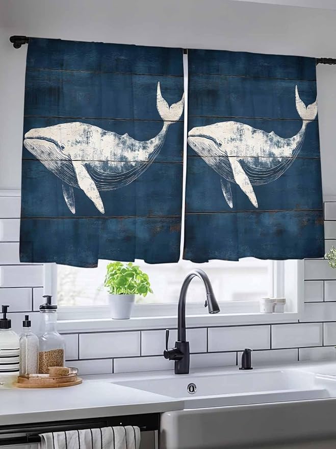 Sheer Curtains 54 Inch Length, Summer Whale Semi Sheer Curtains Light Filtering Window Treatment, Ocean Vintage Wooden Grain Blue Privacy Voile Drapes for Living Room Bedroom 52x54 Inch