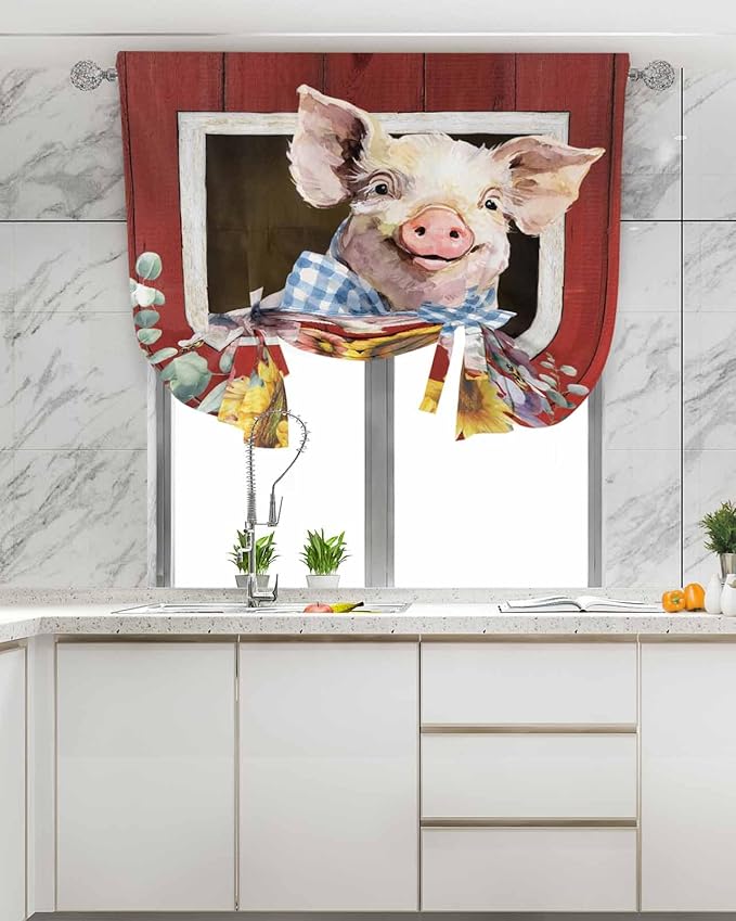 Tie Up Curtains for Windows, Pig Sunflowers Adjustable Balloon Nature Linen Textured Kitchen Curtain, Eucalyptus Leaves Floral Bees Red Barn Tie Up Blackout Curtains for Bedroom, 52 x 63 Inches