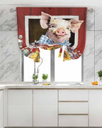 Tie Up Curtains for Windows, Pig Sunflowers Adjustable Balloon Nature Linen Textured Kitchen Curtain, Eucalyptus Leaves Floral Bees Red Barn Tie Up Light Filtering Curtains for Decor, 34 x 45 In