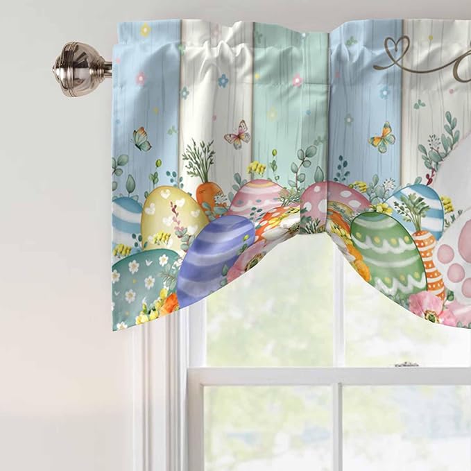 Easter Tie Up Valance Curtains for Windows, Kitchen Curtains Window Shades, Spring Rabbit Ears Foot Flowers Eggs Green Wooden Light Filtering Roman Curtain Valances for Bedroom/Bathroom/Cafe 42"x12"