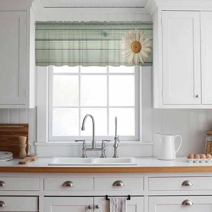 Daisy Flower Sheer Valances for Windows 54"x18", Light Filtering Kitchen Curtains Valance, Modern Art Floral Farmhouse Teal Wooden Grain Rod Pocket Chiffon Curtains for Living Room Bedroom Cafe