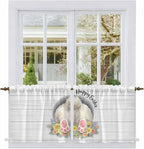 Easter Bunny Kitchen Tier Curtains 24 Inch Long 2 Panel Set,Rod Pocket Cafe Small Window Curtains Over Sink,3D Optical Illusion Farmhouse Flower Wood Grain Light Filtering Short Drapes 27.5"W x 24"L