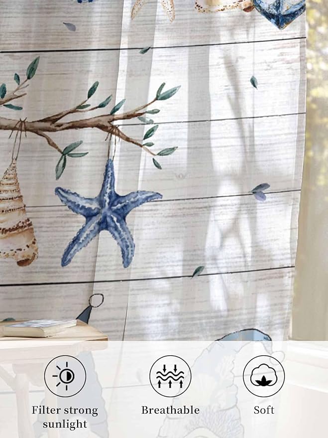 Sheer Curtains 63 Inch Length, Coastal Eucalyptus Semi Sheer Curtains Light Filtering Window Treatment, Ocean Blue Gnomes Starfish Leaf Wood Grain Privacy Voile Drapes for Living Room 52x63 Inch