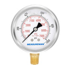 MEASUREMAN 2-1/2inch Dial Size, Liquid Filled Pressure Gauge, 0-1000psi/7000kpa, 304 Stainless Steel Case, 1/4inchNPT Lower Mount