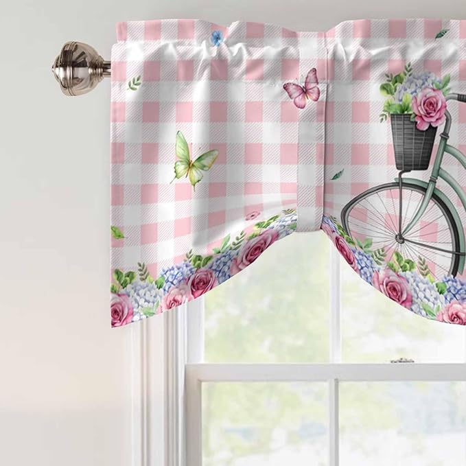 Spring Tie Up Valance Curtains for Windows, Kitchen Curtains Window Shades, Bicycles Leaves Butterfly Flowers Pink Buffalo Plaid Light Filtering Curtain Valances for Bedroom/Bathroom/Cafe 42"x12"