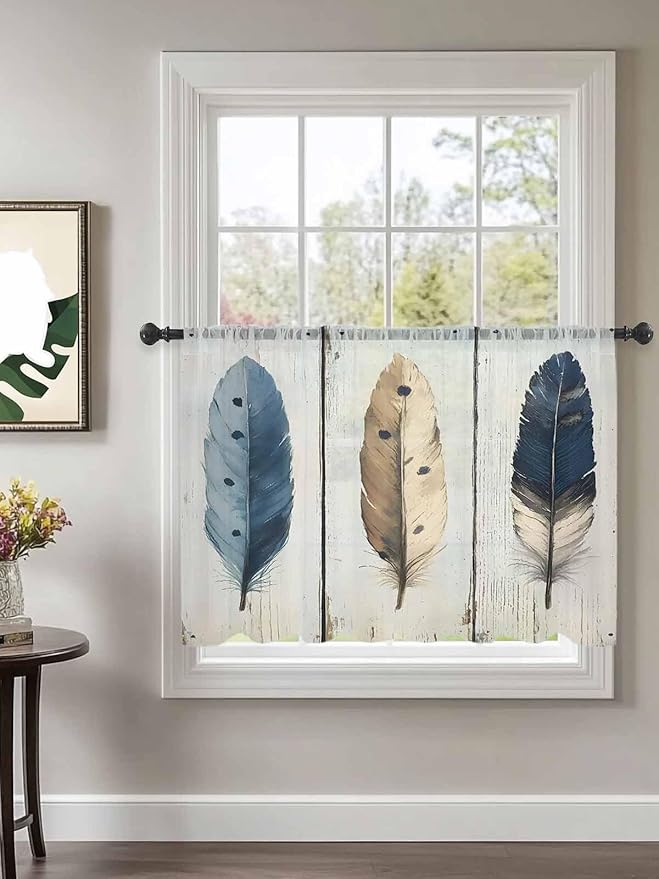 Sheer Curtains 54 Inch Length, Farmhouse Feather Semi Sheer Curtains Light Filtering Window Treatment, Watercolor Vintage Wooden Grain Privacy Voile Drapes for Living Room Bedroom 52x54 Inch