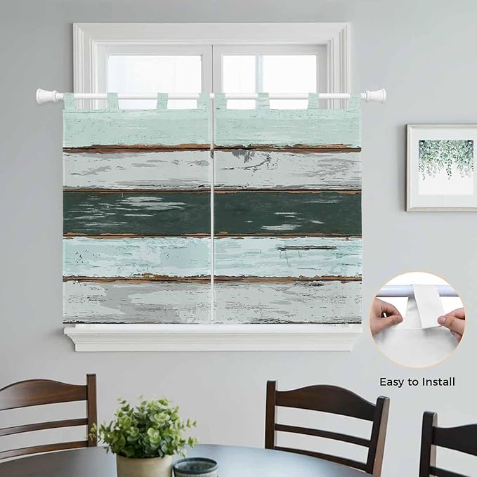 Blue Teal Kitchen Curtains 45 Inch Length, Short Cafe Window Curtains Tab Top, Vintage Wooden Retro Art Farmhouse Barns Light Filtering Window Treatments Tier Drapes 27.5"x45" 2 Panel