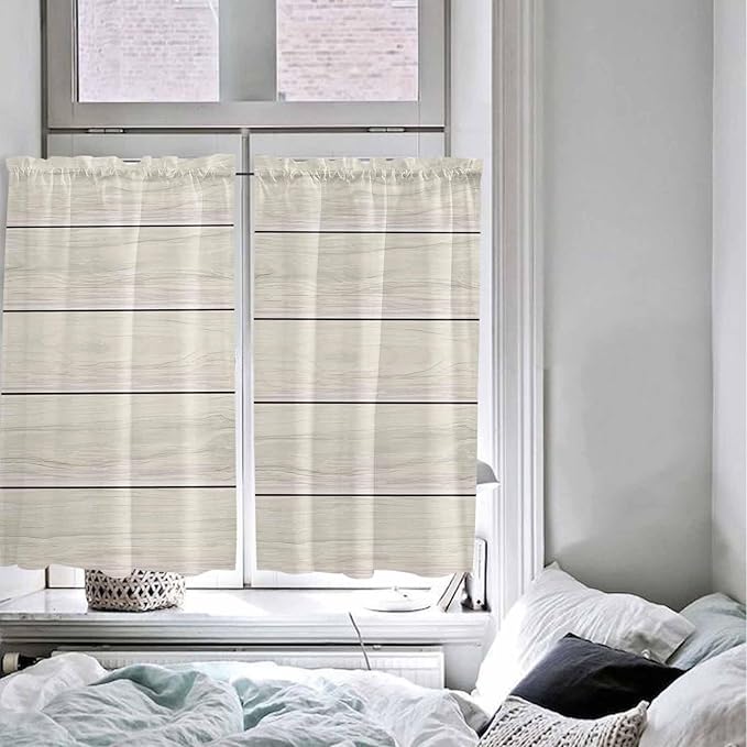 Vintage Country Wooden Board Window Valance Curtains, Gradient Wood Grain Line Light Filtering Kitchen Valance with 3-inch Rod Pocket for Living Room Bathroom Bedroom,2 Panel,52x45In