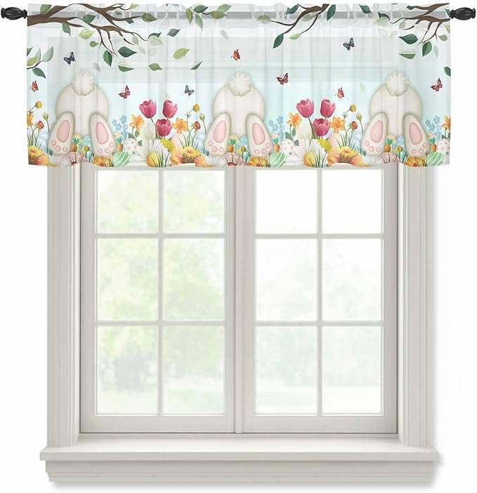 Easter Sheer Valances for Windows 54"x18", Light Filtering Kitchen Curtains Valance, Spring Watercolor Eggs Country Tulip Flower Plant Rod Pocket Chiffon Curtains for Living Room Bedroom Cafe