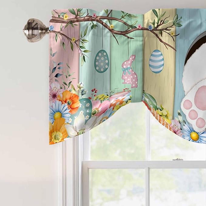 Easter Tie Up Valance Curtains for Windows, Kitchen Curtains Window Shades, Spring Colorful Bunny Eggs Flower Wood Grain Light Filtering Roman Curtain Valances for Bedroom/Bathroom/Cafe 42"x18"