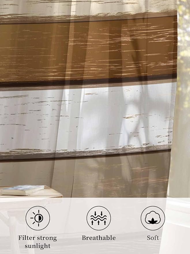 Sheer Curtains 84 Inches Long, Vintage Geometric Brown Semi Sheer Curtains Light Filtering Window Treatment, Farmhouse Country Chic Wood Grain Privacy Voile Drapes for Living Room Bedroom 52x84 Inch