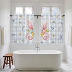 Easter Kitchen Curtains 45 Inch Long 2 Panel Set, Rod Pocket Window Treatment, Spring Rabbits Ears Feet Floral Blue Lattice Light Filtering Panels Short Drapes for Bathroom Camper 42"W x 45"L