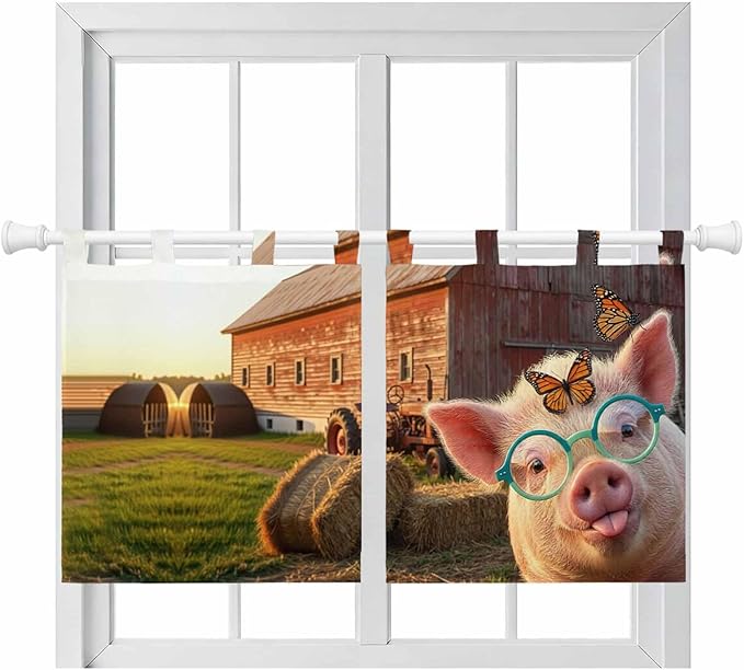 Farm Pig Kitchen Curtains 24 Inch Length, Small Window Curtains Tab Top, Farmhouse Barn Funny Animals Butterfly Light Filtering Short Window Treatments Tier Drapes 27.5"x24" 2 Panel