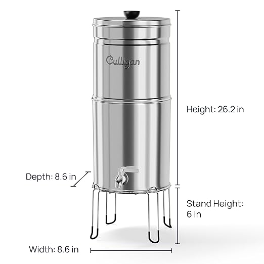 Culligan MaxClear 2.25 Gallon Gravity Water Filter System, Polished Stainless-Steel Countertop Water Filter NSF/ANSI Certified to Reduce Microplastics, Lead & Total PFAS, with 2 Ceramic Filter