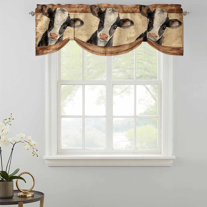Farmhouse Cow Tie Up Valance Curtains for Windows, Kitchen Curtains Window Shades, Country Vintage Animals Wooden Grain Light Filtering Roman Curtain Valances for Bedroom/Bathroom/Cafe 42"x18"