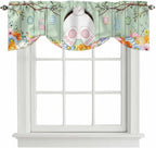 Easter Tie Up Valance Curtains for Windows, Kitchen Curtains Window Shades, Spring Watercolor Bunny Eggs Wooden Grain Green Light Filtering Roman Curtain Valances for Bedroom/Bathroom/Cafe 42"x12"