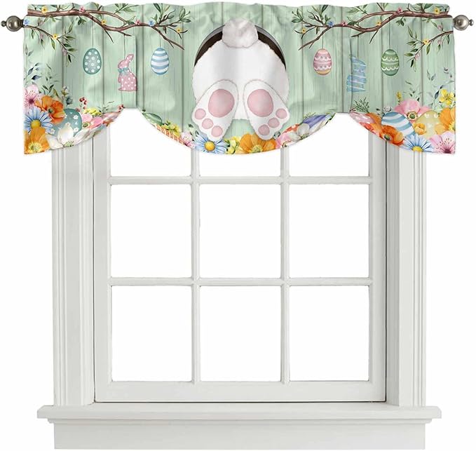 Easter Tie Up Valance Curtains for Windows, Kitchen Curtains Window Shades, Spring Watercolor Bunny Eggs Wooden Grain Green Light Filtering Roman Curtain Valances for Bedroom/Bathroom/Cafe 42"x18"