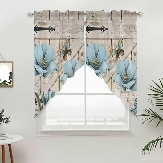 Teal Blue Tulips Swag Valances for Windows, Spring Floral Barn Doors Vintage Wood Beige Rod Pocket Kitchen Curtains Valance, Small Window Curtains Swag for Cafe Living Room, 2 Panels, 28x36 inch