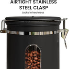 Veken Large Coffee Canister with Window, Kitchen Food Storage Airtight Stainless Steel Container for 2.2lbs Coffee Beans, Grounds, Rice,Tea, Flour, Cereal, Sugar Jars,Date Tracker and Scoop 39oz,Black