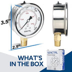 SENCTRL 3000 Psi Glycerin Liquid Filled Hydraulic Pressure Gauge, 2.5" Dial Size, 1/4" NPT Lower Mount, Stainless Steel Case, for Air Gas Water Oil Pressure Test