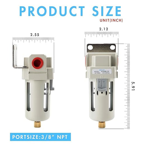3/8" NPT Air Dryer for Compressor | Compressed Air Line Filter | 5 Micron Brass Element|Bracket, Poly Bowl, 145 psI