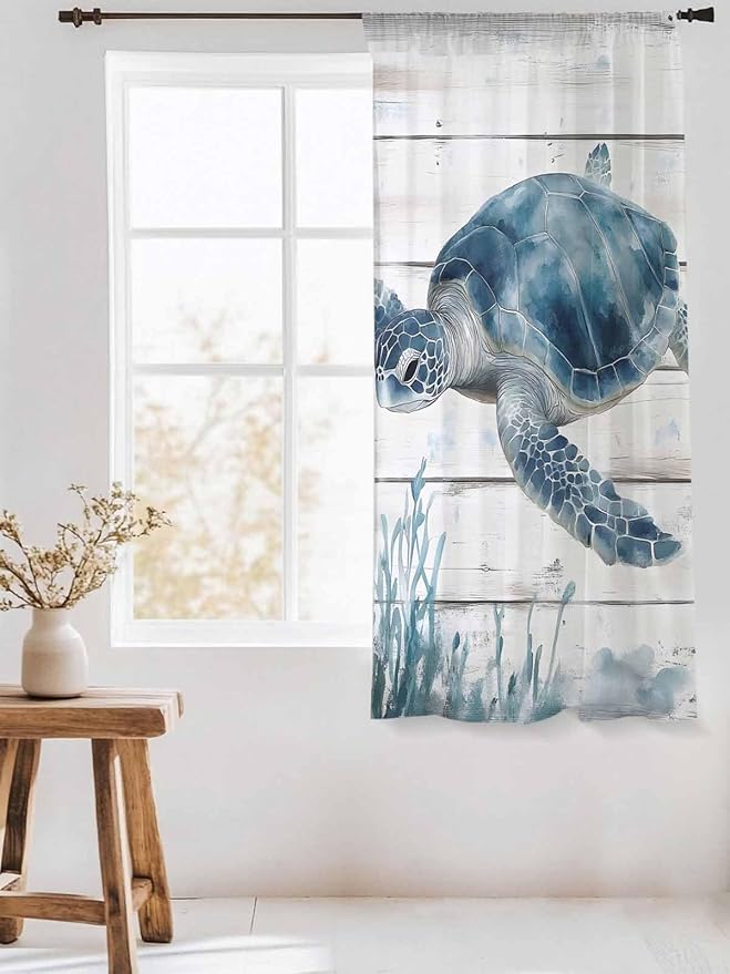 Sheer Curtains 72 Inches Long, Ocean Sea Turtle Semi Sheer Curtains Light Filtering Window Treatment, Coastal Seaweed Vintage Wood Grain Privacy Voile Drapes for Living Room Bedroom 52x72 Inch