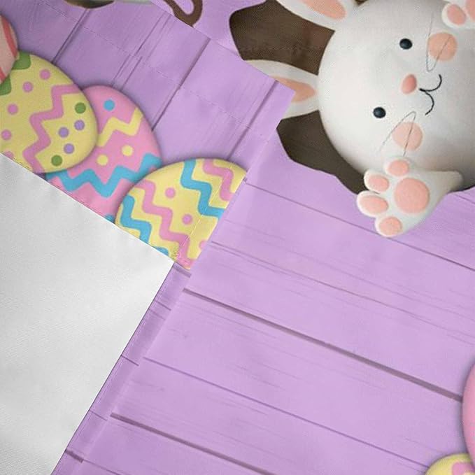 Purple Easter Curtain Valances for Windows, Kitchen Valance Window Treatment, Spring Cartoon Bunny Colorful Eggs Wood Grain Light Filtering Block Curtains for Bathroom/Bedroom/Living Room 42'' x 18''