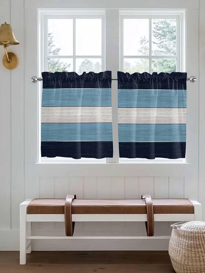 Vintage Country Woodcuts Window Valance Curtains, Blue Gradient Striped Light Filtering Kitchen Valance with 3-inch Rod Pocket for Living Room Bathroom Bedroom,2 Panel,27.5x24In