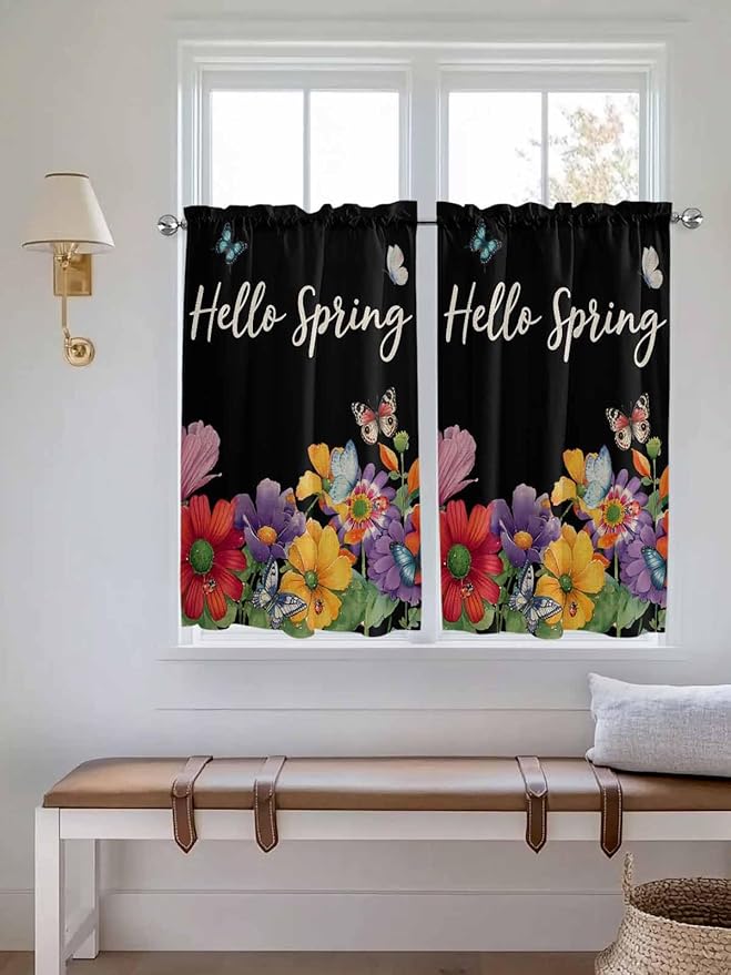 Spring Flowers Tier Curtains 45 Inches Long, Watercolor Country Colorful Floral Black Window Treatment Curtain Drapes, Window Half Privacy Curtains for Bedroom Bathroom, 42"x45", 2 Panels