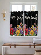 Spring Flowers Tier Curtains 45 Inches Long, Watercolor Country Colorful Floral Black Window Treatment Curtain Drapes, Window Half Privacy Curtains for Bedroom Bathroom, 42"x45", 2 Panels