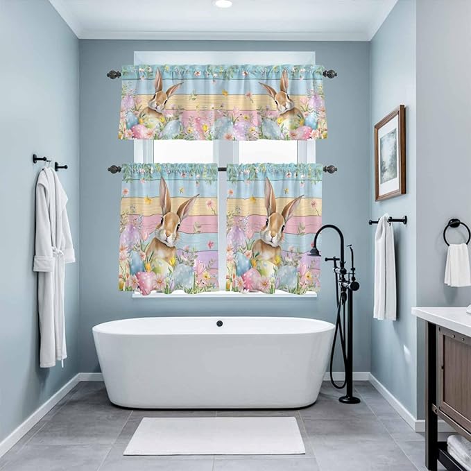 Kitchen Curtains Tiers and Valance Set of 3, Easter Light Filtering Window Curtain Set, Spring Rabbit Eggs Floral Colorful Wooden Grain Rod Pocket Curtain Drapes for Cafe, Living Room, 24 Inches Tiers
