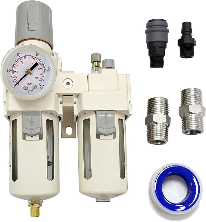 YSIL 1/2" NPT Compressed Air Filter Regulator Lubricator Two Units Combo Air Pressure Regulator with Gauge(0-150PSI) Water/Oil Trap Separator,Semi-Auto Drain,Poly Bowl with Metal Guard,Bracket