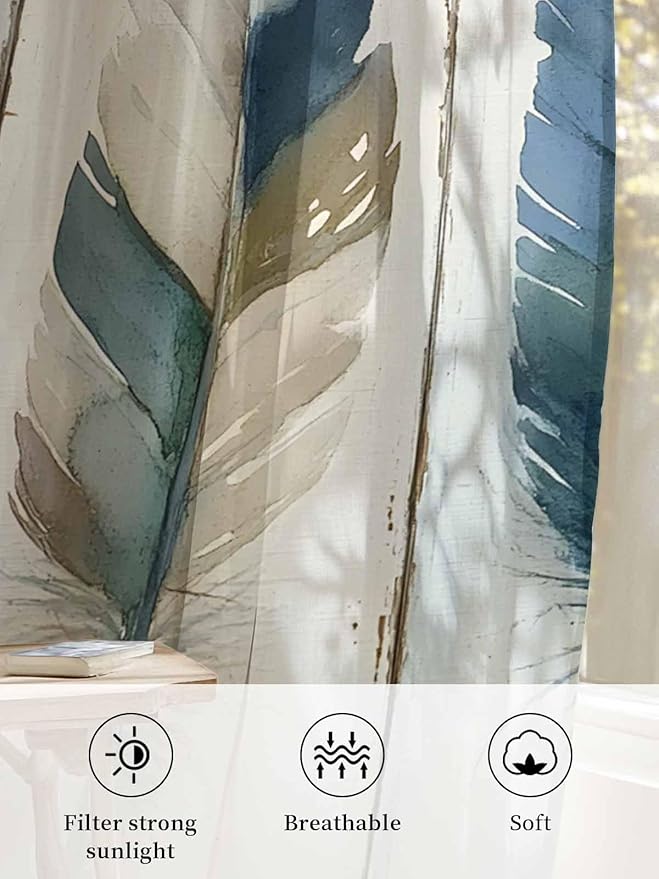 Sheer Curtains 72 Inches Long, Boho Blue Feathers Semi Sheer Curtains Light Filtering Window Treatment, Farmhouse Vintage Wooden Grain Privacy Voile Drapes for Living Room Bedroom 52x72 Inch