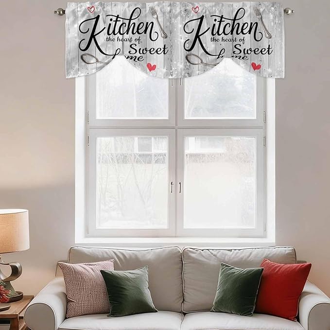 Kitchen Knife Fork Tie Up Valance Curtains for Windows, Kitchen Curtains Window Shades, Vintage Love Heart Grey Wood Grain Light Filtering Roman Curtain Valances for Bedroom/Bathroom/Cafe 42"x18"