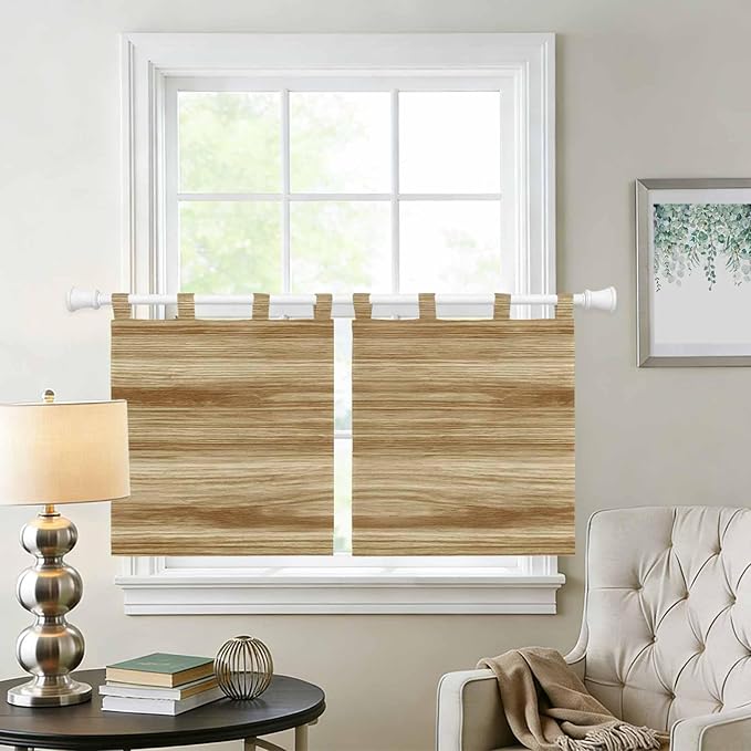Light Brown Wood Grain Kitchen Curtains 24 Inch Length, Small Window Curtains Tab Top, Western Farmhouse Barn Door Light Filtering Short Window Treatments Tier Drapes 27.5"x24" 2 Panel