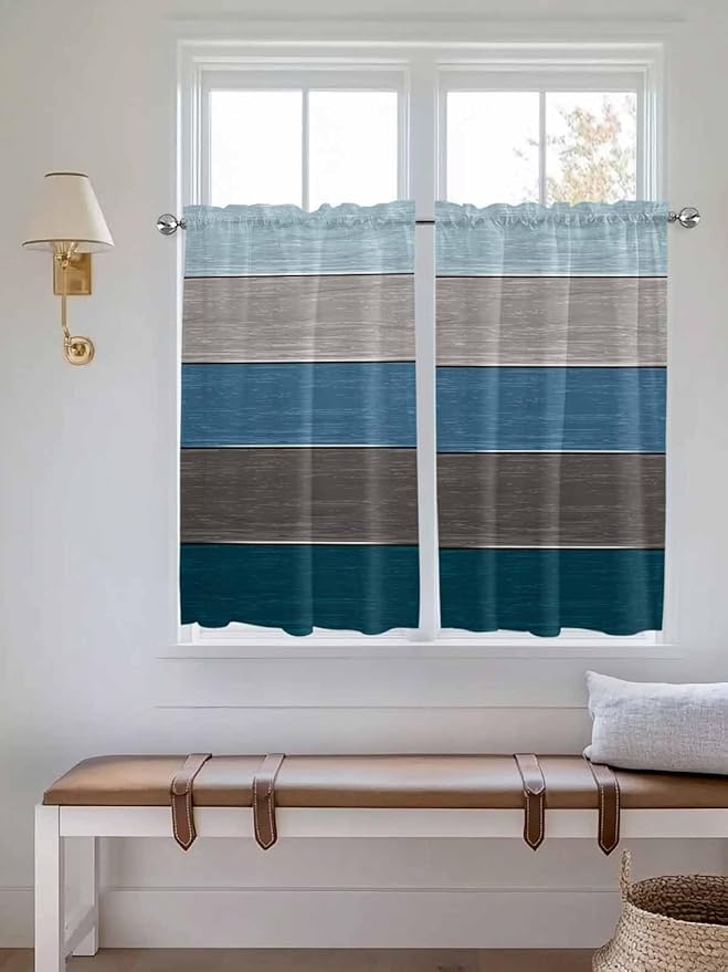 Retro Farm Blue Gray Wood Grain Window Valance Curtains, Rustic Wooden Plank Light Filtering Kitchen Valance with 3-inch Rod Pocket for Living Room Bathroom Bedroom,2 Panel,42x45In