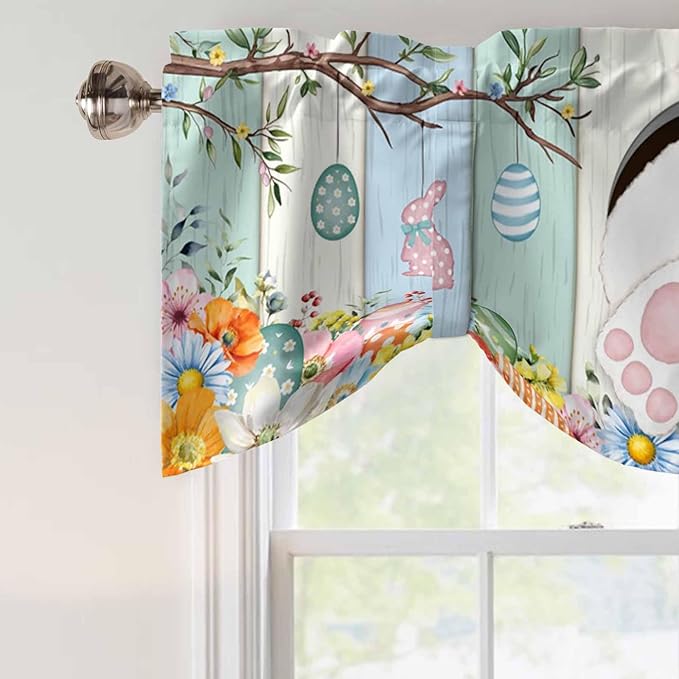 Easter Tie Up Valance Curtains for Windows, Kitchen Curtains Window Shades, Spring Watercolor Bunny Eggs Wood Grain Teal Blue Light Filtering Roman Curtain Valances for Bedroom/Bathroom/Cafe 60"x18"