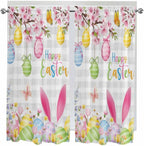 Happy Easter Bedroom Curtains 63 Inches length, Spring Watercolor Bunny Eggs Flower Grey Plaid Window Treatment Curtain Drapes, Rod Pocket Curtain Panels for Living Room Kitchen, 42"x63", 2 Panels