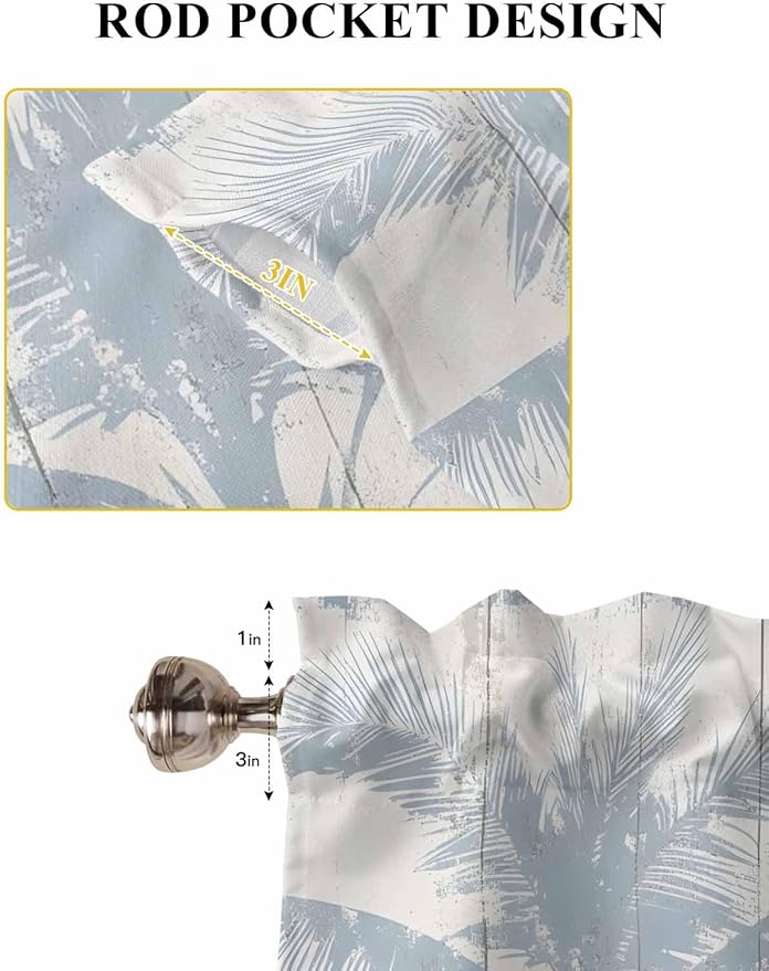Summer Coconut Tree on Vintage Wood Grain Window Valance Curtains, Seaside Plants Light Filtering Kitchen Valance with 3-inch Rod Pocket for Living Room Bathroom Bedroom,2 Panel,42x54In