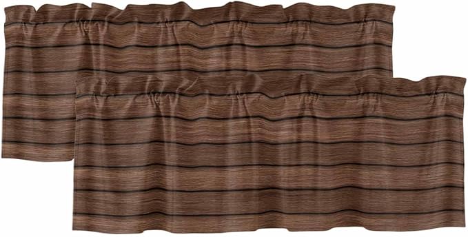 2 Pack Kitchen Valance for Windows, Farm Brown Wood Board Light Filtering Rod Pocket Valances Short Curtain, Vintage Farmhouses Barn Window Curtain for Bedroom Bathroom Living Room 42x12in