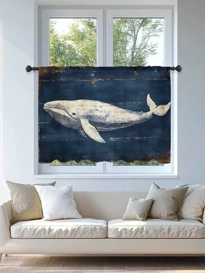 Sheer Curtains 54 Inch Length, Ocean Vintage Whale Semi Sheer Curtains Light Filtering Window Treatment, Summer Retro Wood Grain Privacy Voile Drapes for Living Room Bedroom 52x54 Inch