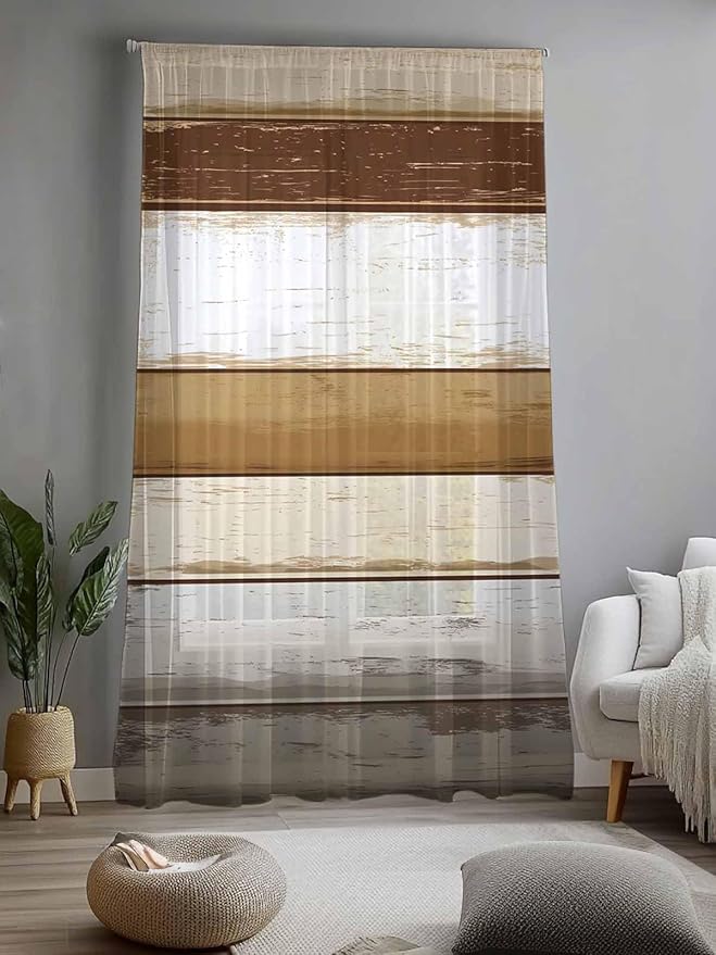 Sheer Curtains 108 Inches Long, Brown Wood Grain Semi Sheer Curtains Light Filtering Window Treatment, Vintage Country Geometric Striped Privacy Voile Drapes for Living Room Bedroom 52x108 Inch