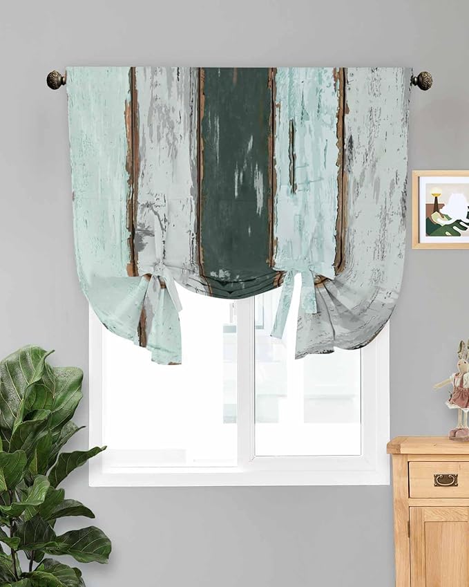 Tie Up Curtains for Windows, Blue Teal Adjustable Balloon Nature Linen Textured Kitchen Curtain, Vintage Wooden Retro Art Farmhouse Barns Room Darkening Curtains for Glass Door, 42 x 45 in