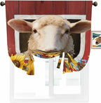 Tie Up Curtains for Windows, Sheep Sunflower Adjustable Balloon Nature Linen Textured Kitchen Curtain, Country Red Farm Barn Spring Flowers Privacy Curtains Balloon Blind for Cafe, 42 x 63 Inches