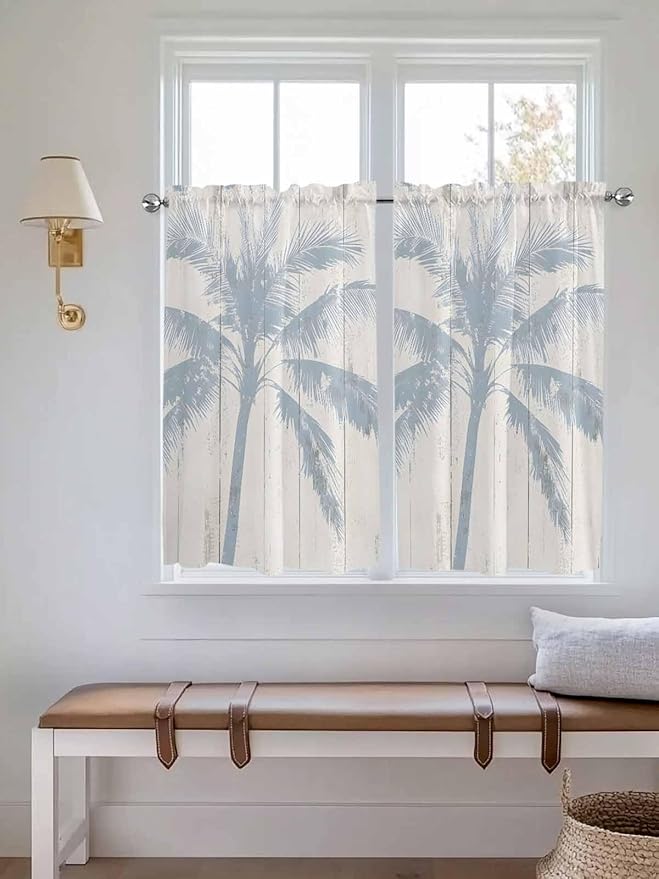 Summer Coconut Tree on Vintage Wood Grain Window Valance Curtains, Seaside Plants Light Filtering Kitchen Valance with 3-inch Rod Pocket for Living Room Bathroom Bedroom,2 Panel,52x45In
