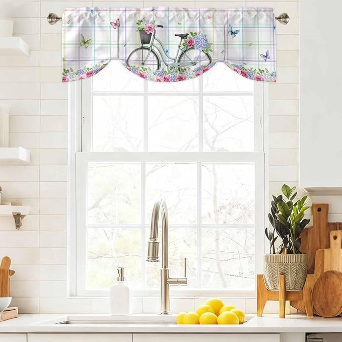 Spring Tie Up Valance Curtains for Windows, Kitchen Curtains Window Shades, Bicycles Botanical Leaves Rose Colorful Stripes Light Filtering Roman Curtain Valances for Bedroom/Bathroom/Cafe 42"x18"