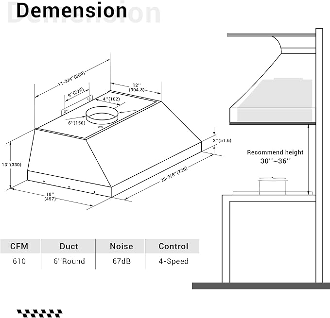 CHETTO C Stainless Steel Range Hood Cover with 4-Speed Vent Hood Insert Custom Handmade Metal Kitchen Fan with Towel Rack LED Light 30"W x21"D x45"H Black Wall Mount
