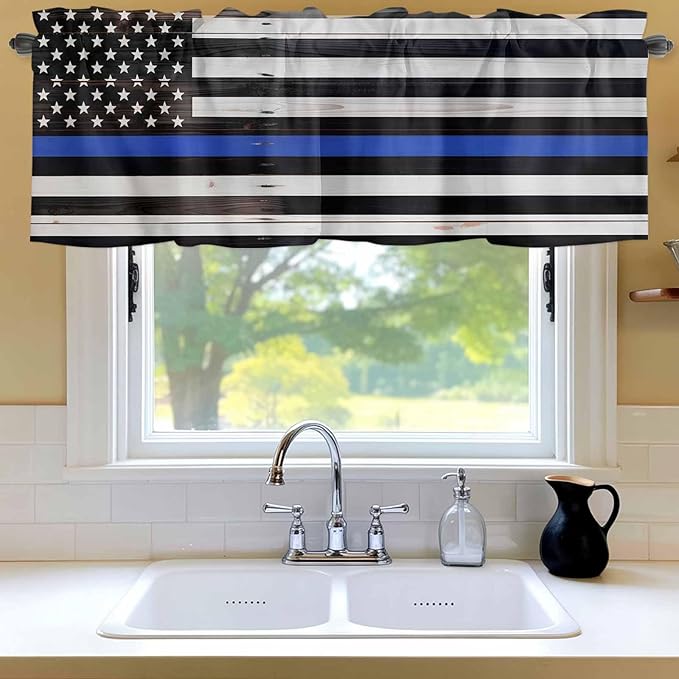 American Flag Valances for Windows, Blue Line Star Black White Stripes Wood Grain Kitchen Valance Light Filtering Rod Pocket Short Curtains for Kitchen Bathroom, 1 Panel, 42"x12"