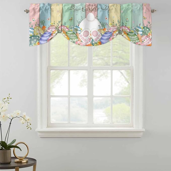 Easter Tie Up Valance Curtains for Windows, Kitchen Curtains Window Shades, Spring Rabbit Ears Foot Eggs Floral Wooden Grain Light Filtering Roman Curtain Valances for Bedroom/Bathroom/Cafe 42"x18"